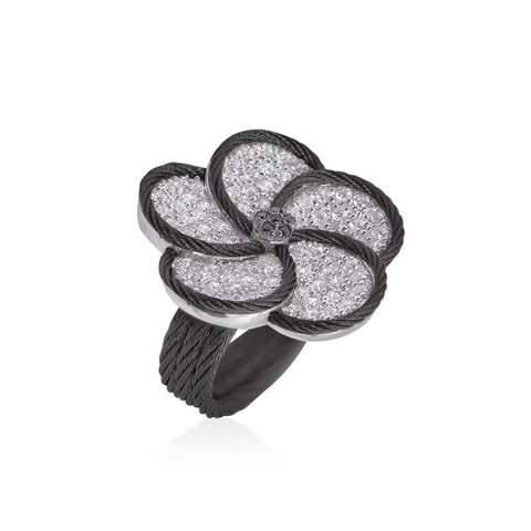 ALOR Cable Forget-Me-Not Black and White Diamond Flower Ring 02-52-FW01-11