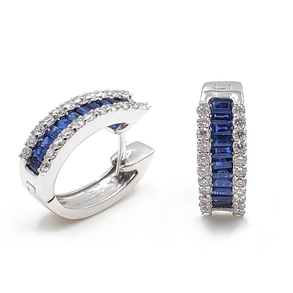 14K White Gold Diamond and Sapphire Huggie Earrings