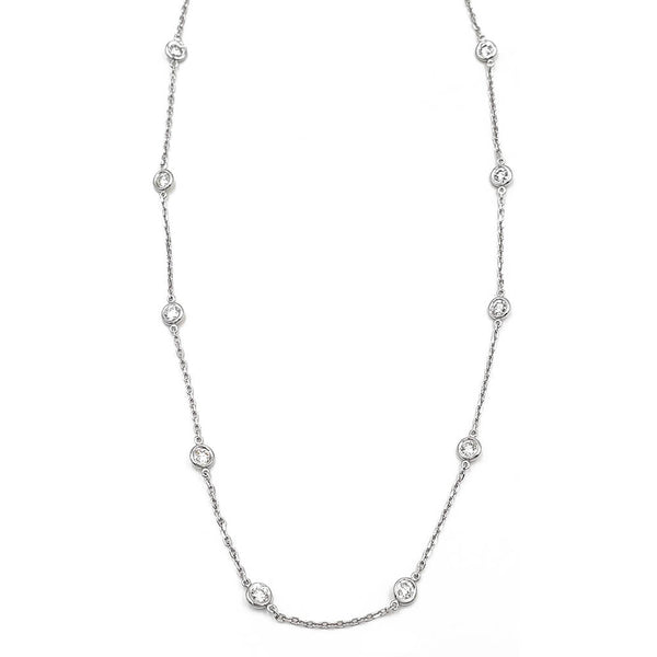 14K White Gold Round Diamond Chain Necklace, 18 inches long