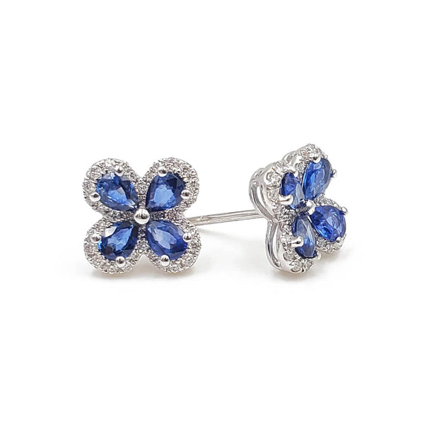 18K White Gold Flower Design Diamond Sapphire Stud Earrings