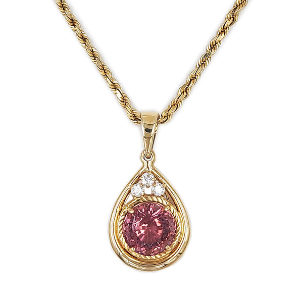 18K Yellow Gold Pink Tourmaline and Diamond Pendant Necklace