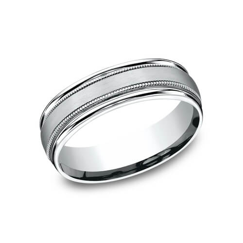 14K White Gold Satin Center Milgrain 6.5mm Men's Wedding Band RELCF76501S14KW